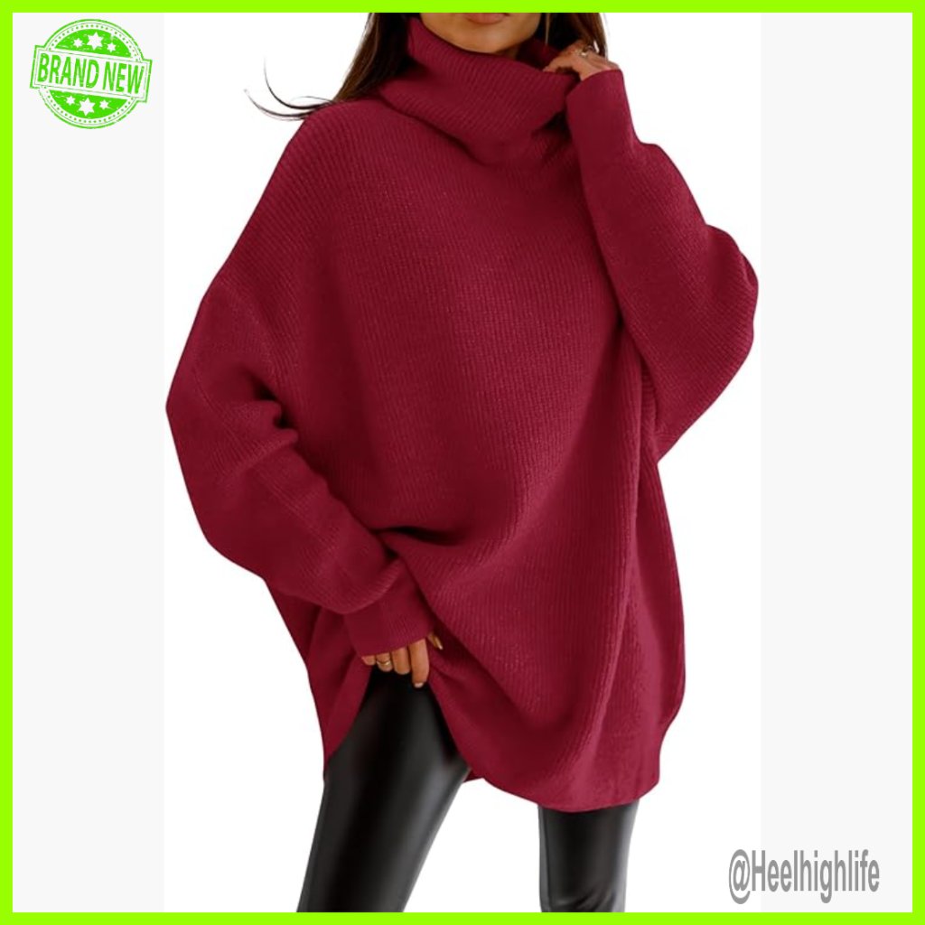 Oversized Turtleneck Sweater Batwing Sleeve Pullover Chunky Knit Loose Fit